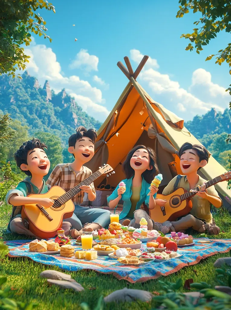 A cheerful group of four animated children enjoys a picnic amidst a picturesque mountainous landscape.  Surrounded by a small tent, they play acoustic guitars and share sweets and ice cream.  The vibrant scene is filled with joy and the warmth of a sunny day, creating a whimsical and idyllic atmosphere.