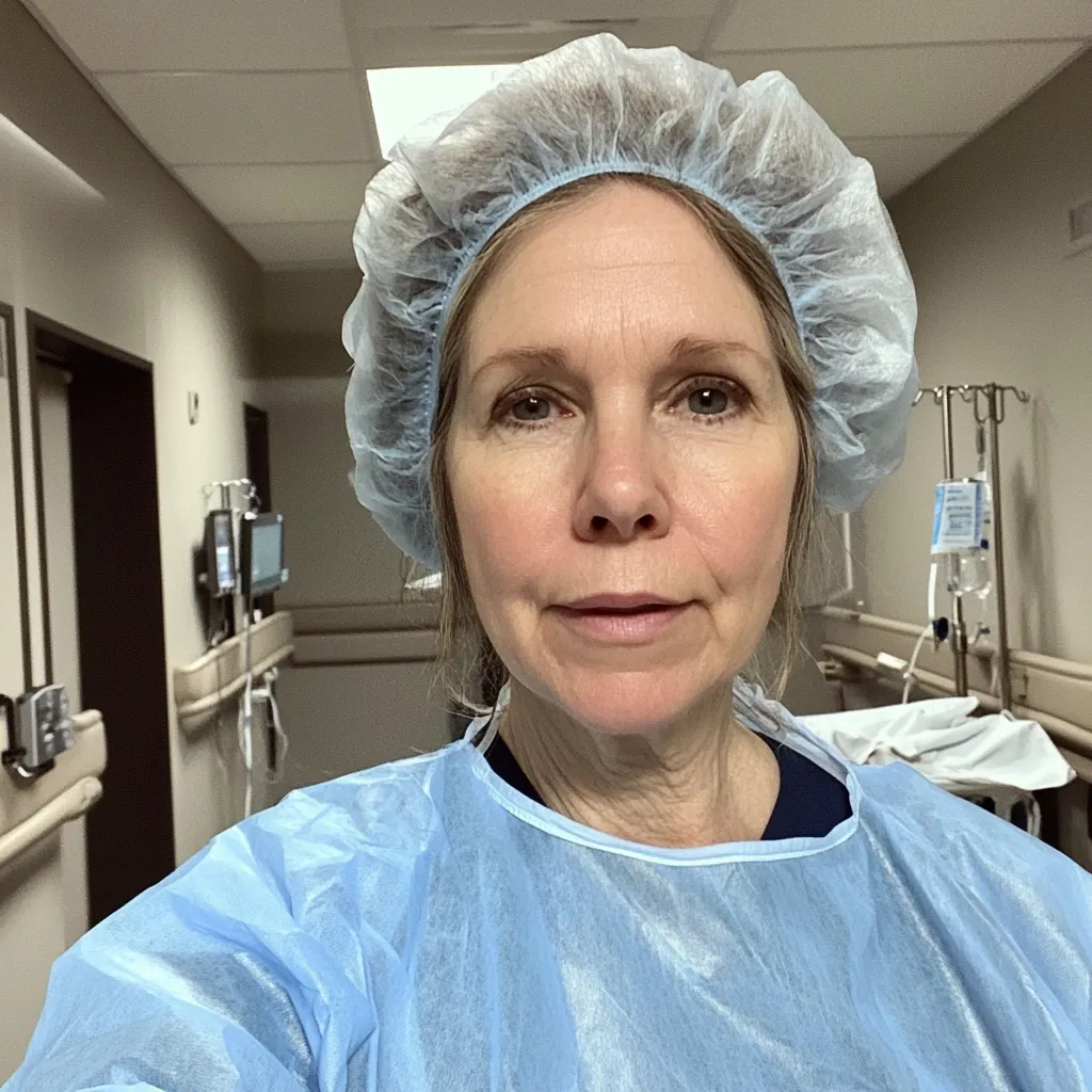 A woman in a light blue surgical cap and gown stands in a hospital hallway.  The hallway shows medical equipment and closed doors.  Her expression is serious and she appears ready for a medical procedure. The image is a close-up portrait, focusing on her face and upper body.  The overall lighting is muted and clinical.