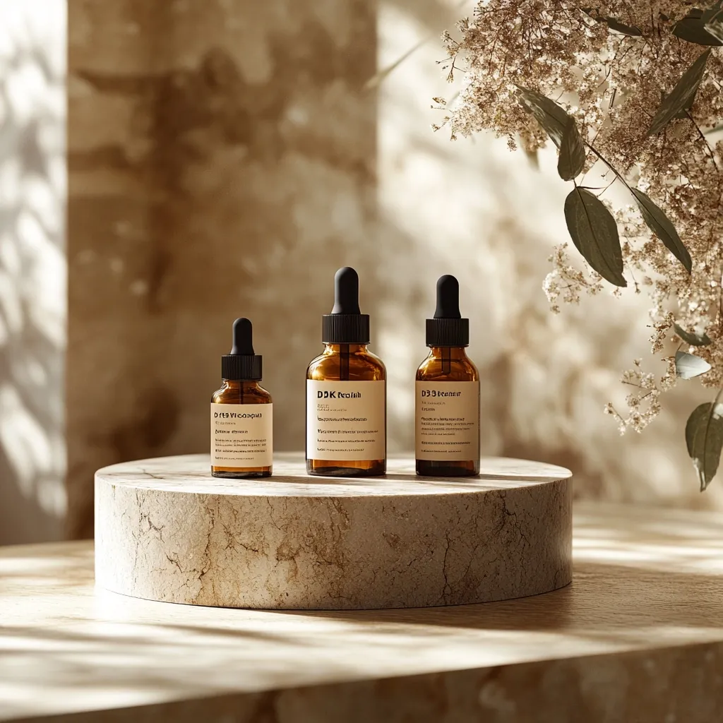 Three amber glass bottles with droppers sit on a round, light beige stone pedestal.  The bottles are labeled with minimalist typography.  A sprig of dried flowers is subtly blurred in the background, creating a soft, natural aesthetic. The overall scene evokes a sense of calm and minimalist beauty.  The setting is bathed in soft, warm light.
