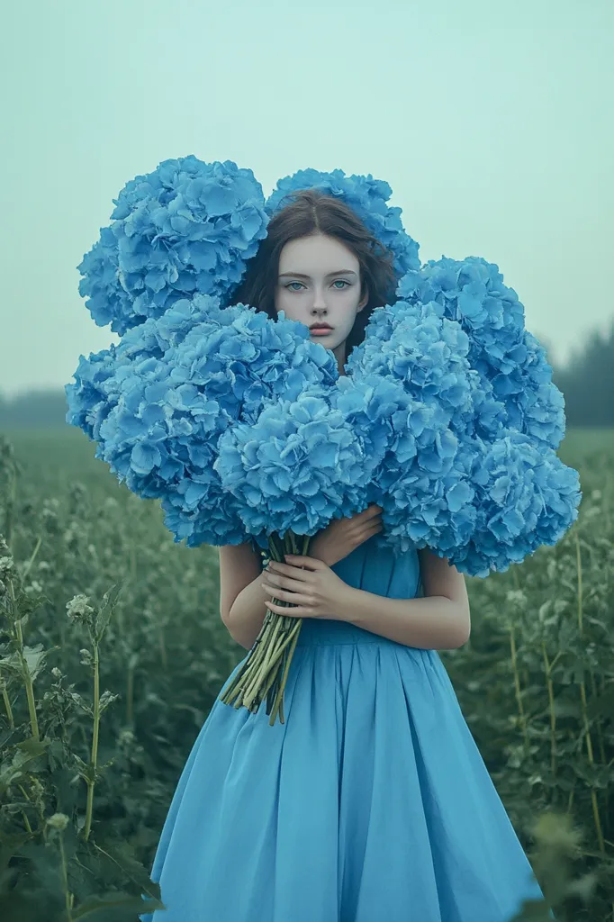 A young woman in a light blue dress stands in a field of green plants, cradling a massive bouquet of vibrant blue hydrangeas.  The flowers nearly engulf her, creating a striking contrast against her pale skin and dark hair. The overall mood is serene and ethereal, with a soft, muted color palette. The image evokes a sense of delicate beauty and natural grace.