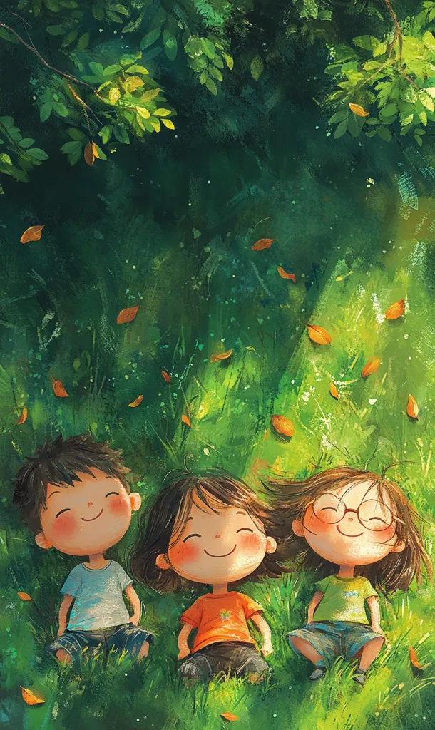 Three smiling children lie in lush green grass, surrounded by a canopy of leaves.  Sunlight filters through the leaves, casting dappled shadows.  Falling leaves add a touch of autumn to the summery scene. The children's joyful expressions convey a sense of carefree happiness and friendship.  The illustration's style is whimsical and charming.