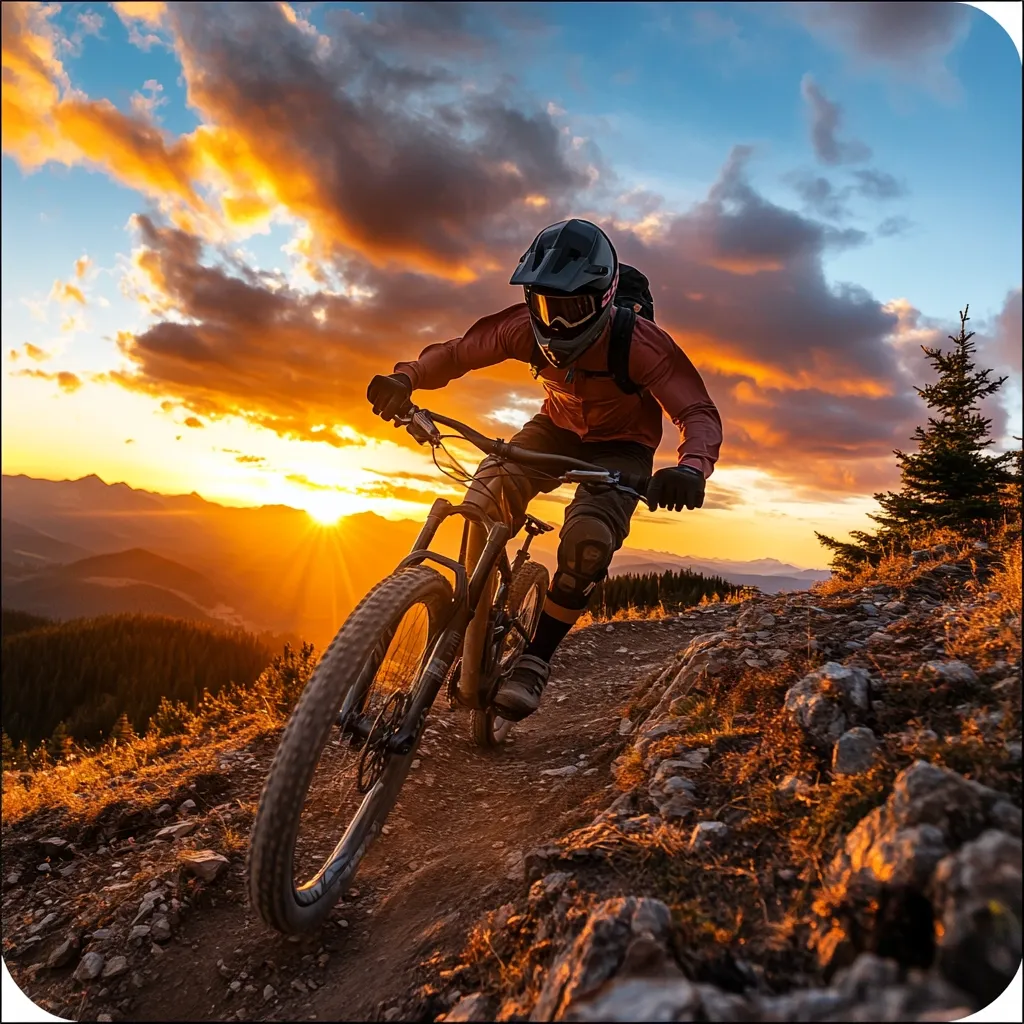 A mountain biker descends a rocky trail at sunset.  The vibrant orange and yellow hues of the sky contrast with the dark silhouette of the rider and their bike.  He wears a full-face helmet and protective gear, navigating the challenging terrain with skill. The breathtaking mountainous landscape provides a stunning backdrop to this action-packed scene.