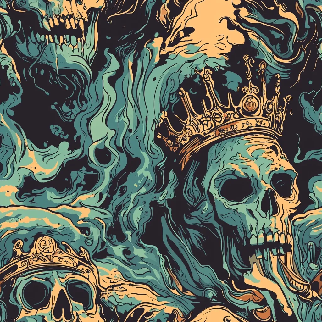 A vibrant, stylized artwork depicts multiple skulls adorned with ornate crowns, engulfed in swirling, teal and gold smoke-like patterns.  The skulls are intricately detailed, exhibiting sharp teeth and empty eye sockets. The overall aesthetic is dark, dramatic, and fantastical, blending elements of death and royalty. The color palette is rich and contrasting, creating a visually striking image.