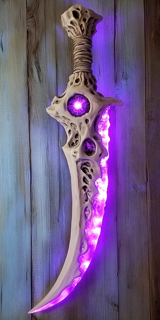 A bone-like dagger, intricately carved with skull-like details, is mounted on a wooden wall.  The blade is illuminated from within with vibrant purple LED lights, creating a striking contrast against the off-white sculpted form. The hilt features a textured, wrapped appearance. The overall effect is gothic and fantastical.