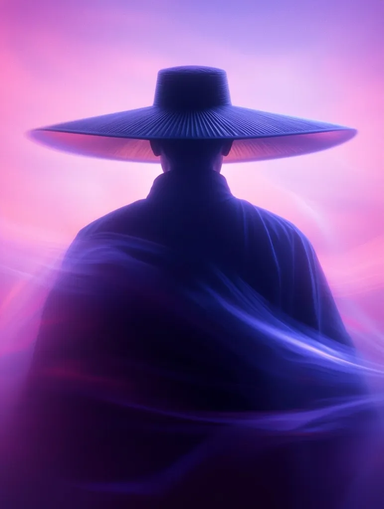 The image showcases a person from behind, wearing a wide-brimmed hat and a flowing, dark garment.  The figure is silhouetted against a vibrant, purple and pink background, creating a mysterious and ethereal atmosphere. The fabric appears to be translucent, with light filtering through, enhancing the dreamlike quality of the photograph.  The overall composition is striking and visually compelling.
