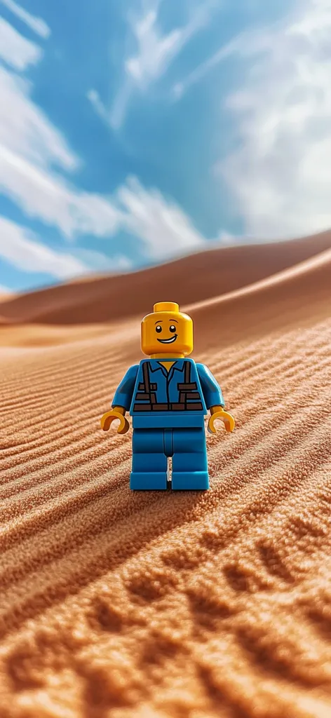 A smiling Lego minifigure, clad in a blue jumpsuit and vest, stands amidst undulating sand dunes under a vibrant blue sky dotted with fluffy white clouds.  The scene evokes a sense of adventure and exploration in a desert landscape. The Lego figure's cheerful expression contrasts with the vastness and texture of the sandy terrain.