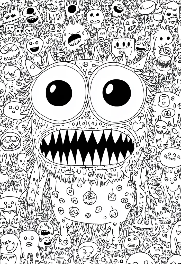 A large, furry monster with huge eyes and sharp teeth dominates the center of a black and white doodle.  The monster is surrounded by a dense crowd of smaller, whimsical creatures and abstract shapes, creating a chaotic and playful scene. The style is reminiscent of children's drawings, with simple lines and expressive features. The overall effect is busy and energetic.