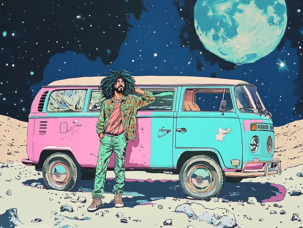A stylized illustration depicts a man with long dreadlocks standing beside a retro Volkswagen van on a desolate, moon-like landscape. The van is painted in pastel pink and turquoise.  A large, pale blue moon hangs in the starry night sky.  The overall aesthetic is vibrant and retro-futuristic, reminiscent of 1970s psychedelic art. The scene evokes a sense of freedom and cosmic exploration.