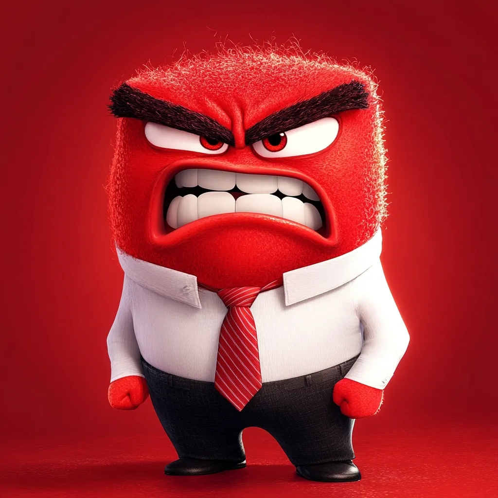 A furious, red, anthropomorphic character from the Pixar movie "Inside Out" is depicted.  He's blocky in shape with spiky red hair, intensely angry facial features, and wears a white shirt and red tie.  His expression is one of extreme rage, with a wide-open, snarling mouth.  The character is set against a matching red background, emphasizing his intense emotion.
