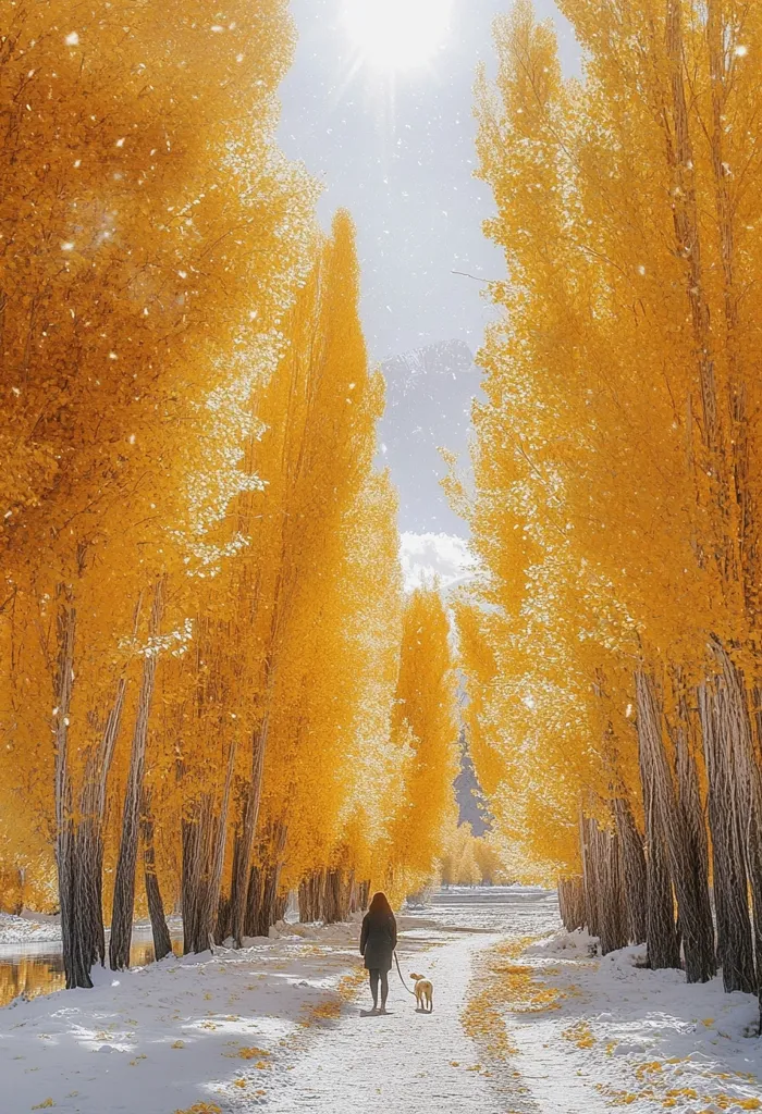A person walks a small dog down a snowy path lined with vibrant golden-yellow trees.  Light snow falls, creating a magical, autumnal scene. The sun shines brightly overhead, illuminating the path and the bright foliage. The trees create a tunnel-like effect, leading the eye down the path.  The overall atmosphere is serene and peaceful.