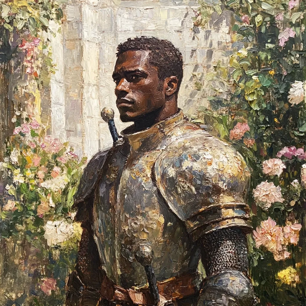 A richly textured oil painting depicts a Black knight in full plate armor, standing amidst a vibrant garden.  His expression is serious, his gaze directed away from the viewer. The armor shows a worn, battle-scarred appearance, contrasting with the soft beauty of the surrounding flowers and a blurred, stone backdrop.  The impasto technique lends a three-dimensional quality to both the armor and the floral details.