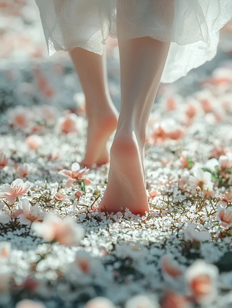 Bare feet walk on a carpet of delicate, pale pink and white flower petals.  The person, wearing a flowing white dress, steps gently, creating subtle disturbances in the blossoms. Sunlight filters through, illuminating the scene with a soft, ethereal glow.  The overall impression is one of serene beauty and peaceful movement.