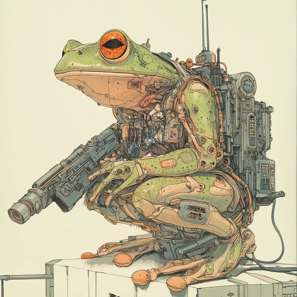 A meticulously detailed illustration depicts a frog-like cyborg, perched on a box.  The creature's skin is a mottled green, its robotic components intricate and realistically rendered.  It holds a futuristic rifle, its large, orange eye prominent.  The cyborg's design blends organic and mechanical elements, suggesting a post-apocalyptic or science fiction setting.  The overall style is reminiscent of detailed technical drawings, with a muted color palette.