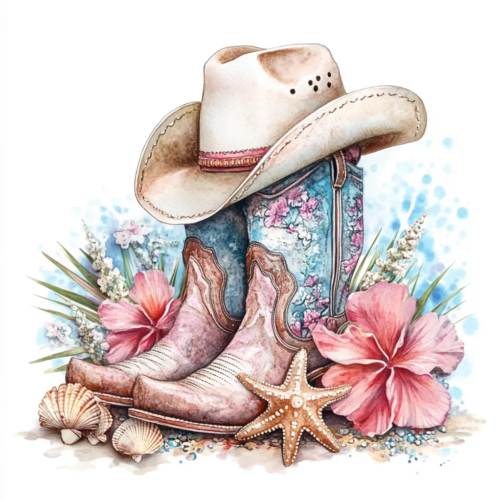 A watercolor painting depicts a pair of floral cowboy boots nestled beneath a worn cowboy hat.  Pink hibiscus flowers and seashells surround the boots, resting on a bed of sand.  Tropical foliage adds a vibrant touch to the scene, creating a whimsical, beach-themed Western composition.  The soft color palette and delicate brushstrokes contribute to the overall romantic feel.