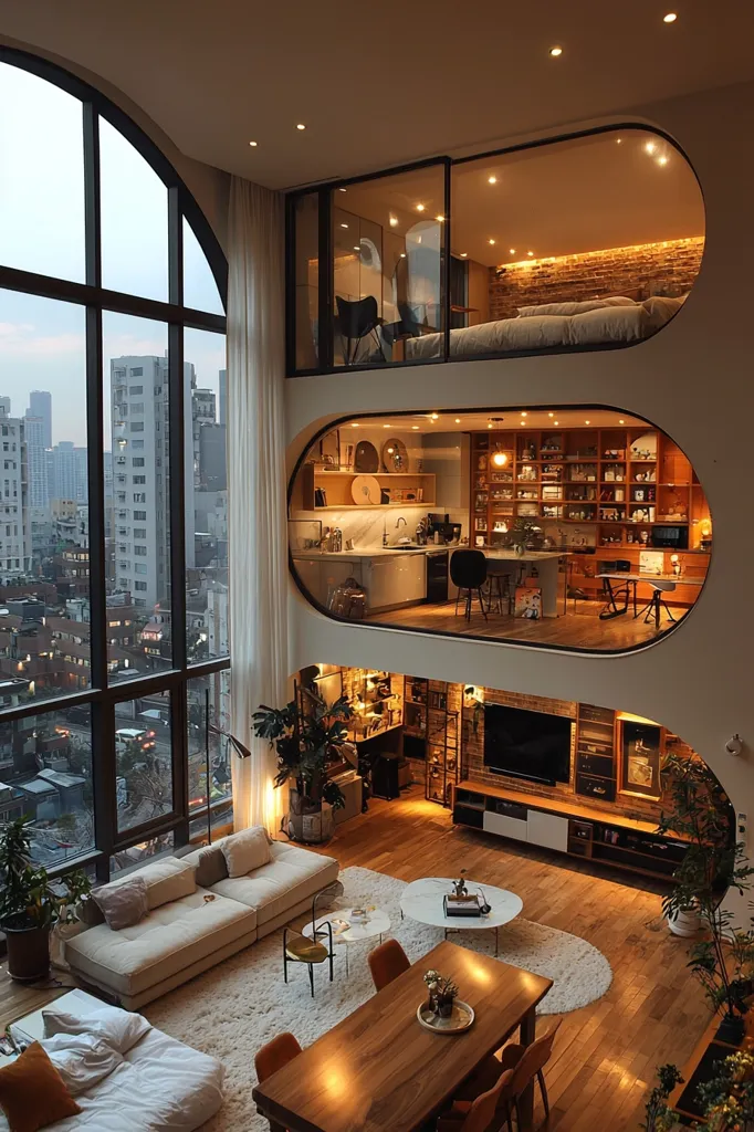 A stunning modern loft apartment boasts a spacious open-plan living area with a large, arched window offering panoramic city views.  Multi-level, oval-shaped sections house a bedroom, kitchen, and shelving, creating a unique architectural design. The warm lighting, hardwood floors, and luxurious furnishings contribute to a sophisticated and inviting atmosphere.  The overall design is both functional and aesthetically pleasing, emphasizing clean lines and a minimalist aesthetic.