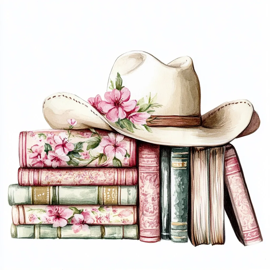 A watercolor painting depicts a beige cowboy hat adorned with pink flowers resting atop a stack of vintage books. The books are bound in various shades of pink, green, and cream, with floral patterns on some covers.  The overall style is delicate and romantic, suggesting a sense of nostalgia and tranquility.
