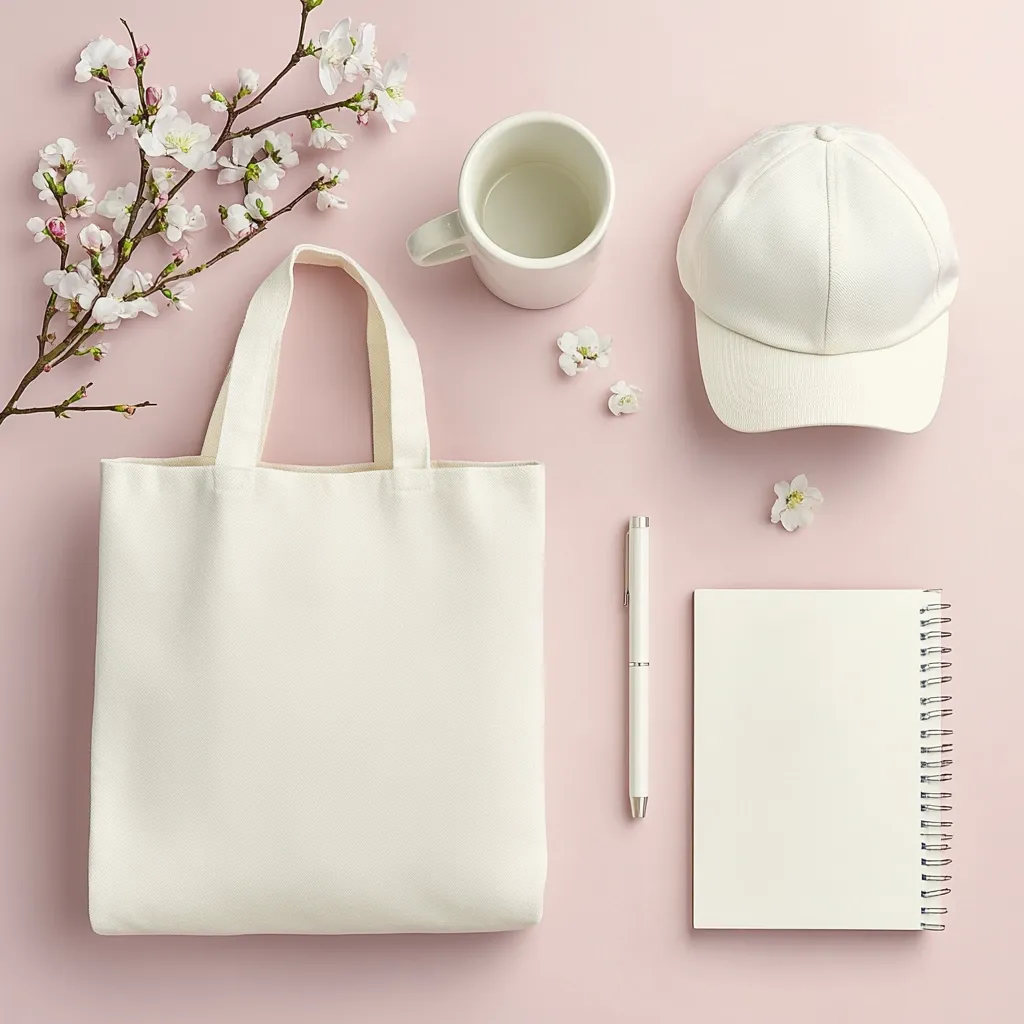 A flat lay showcasing a collection of white items on a pink background.  A tote bag, a baseball cap, a mug, a spiral notebook, and a pen are arranged symmetrically.  Delicate white cherry blossoms are scattered around, adding a touch of spring. The overall aesthetic is minimalist and clean.