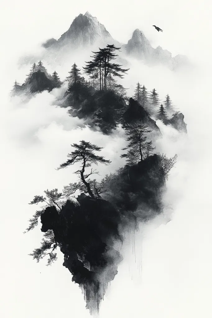 A monochromatic artwork depicts a misty mountain landscape. Dark, silhouetted trees cling to rocky cliffs shrouded in clouds.  A single bird flies high above, adding to the serene, almost ethereal atmosphere. The style evokes traditional East Asian ink painting, with emphasis on negative space and suggestion rather than detail. The overall effect is one of quiet contemplation and natural beauty.