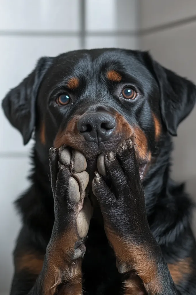 A Rottweiler dog sits with its paws covering its face, appearing shy or embarrassed.  Its dark fur contrasts with the lighter tan markings on its legs and muzzle.  The dog's large, expressive eyes are slightly visible. The background is blurred, focusing attention on the dog's comical pose.  The image evokes feelings of humor and tenderness.
