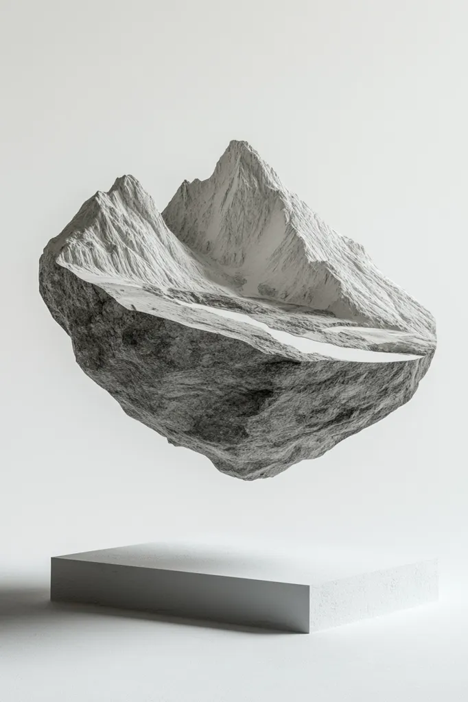 A grayscale image showcases a miniature, seemingly levitating mountain.  The mountain's peak is sharply defined, contrasting with the rough texture of its base, which appears as a dark grey rock.  The mountain floats above a simple, white, square platform against a stark white background, creating a minimalist and surreal scene.  The overall effect is one of serene, improbable balance.