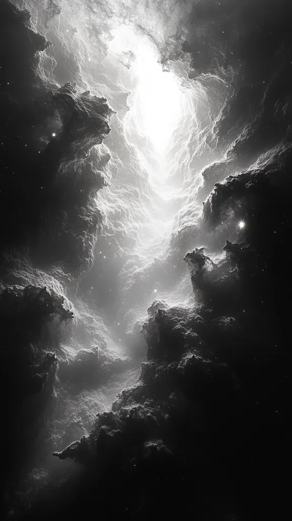 A monochrome image depicts a celestial scene.  Dark, swirling clouds of gas and dust fill the frame, creating a dramatic, cavernous effect. A bright, ethereal light emanates from a distant point, illuminating the textured clouds and revealing subtle details within the cosmic formations.  Sparse stars are visible in the darker regions, enhancing the depth and vastness of space.