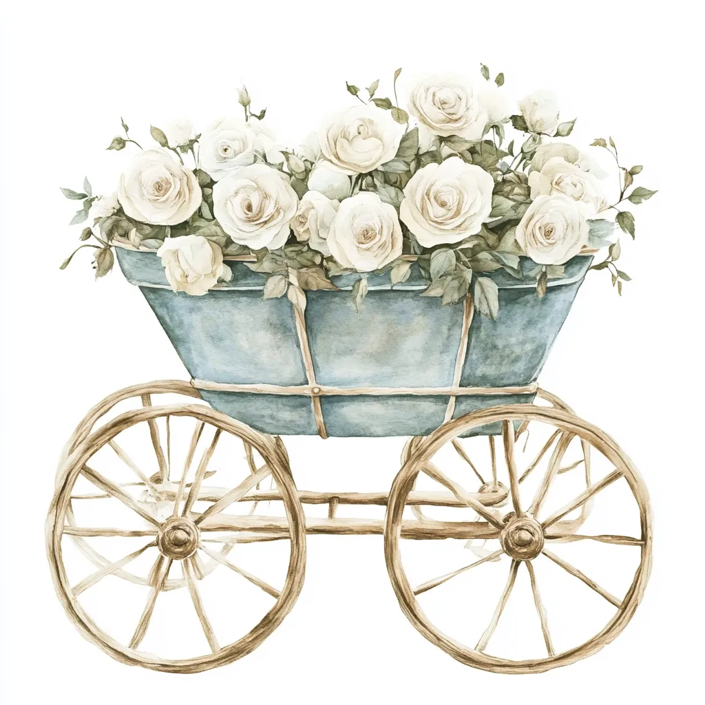 A watercolor painting depicts a charming, rustic wagon overflowing with a bouquet of creamy white roses. The wagon is light blue, with wooden wheels and a simple, elegant design.  The roses are depicted with delicate shading and detail, creating a romantic and nostalgic scene. The overall style is soft, romantic, and evokes a feeling of gentle beauty.