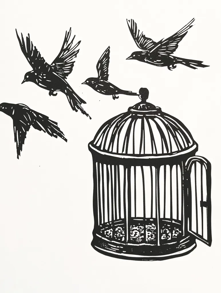 A black and white linocut depicts four birds in flight, soaring above an empty birdcage with its door ajar.  The birds are rendered in stark silhouette, their wings outstretched. The cage sits centrally, suggesting freedom and escape from confinement. The image is a powerful visual metaphor for liberation and the pursuit of liberty.