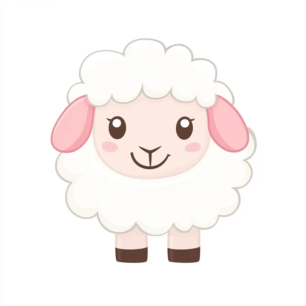 A cute cartoon lamb is depicted.  It has fluffy white wool,  pink ears, and large, expressive brown eyes. Its small mouth is curved into a friendly smile.  The lamb stands on short, brown legs, creating a charming and innocent image.  The overall style is simple and childlike.
