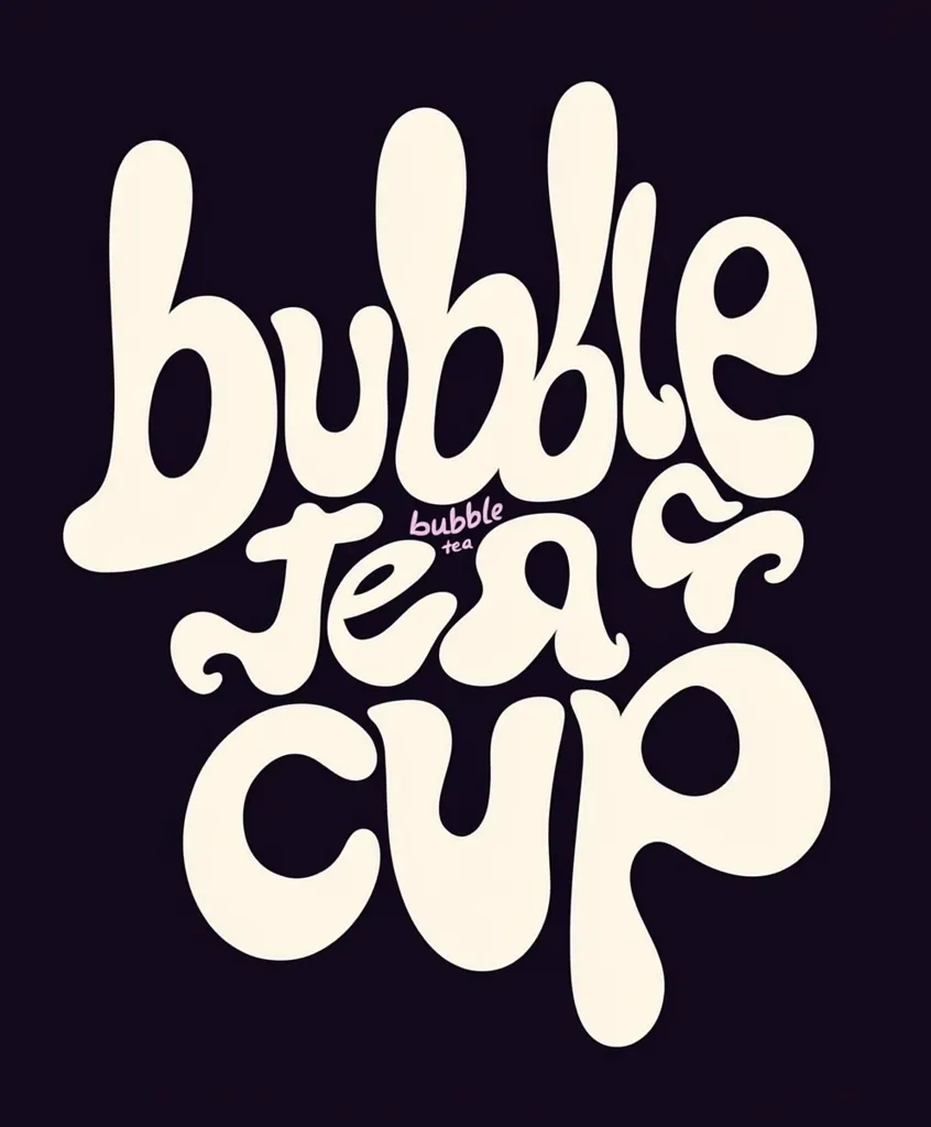 The image showcases a stylized typographic design.  The words "Bubble Tea Cup" are arranged in a flowing, interconnected manner, using a cream-colored font against a dark background. The style is reminiscent of 1960s or 1970s design aesthetics.  The words "bubble tea" appear smaller within the main text, clarifying the subject. The overall design is playful and visually engaging.