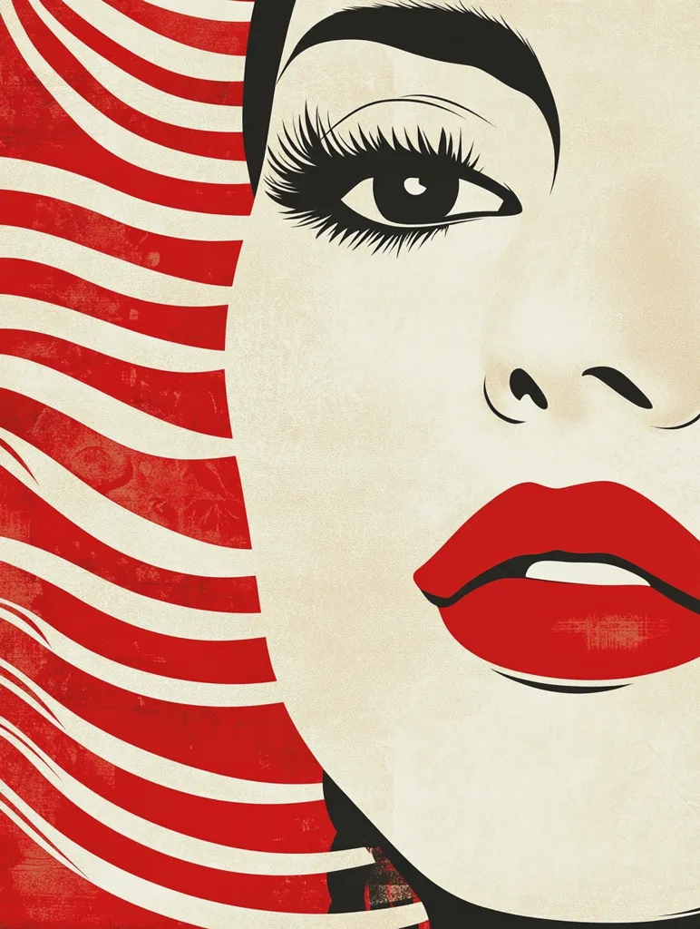A stylized close-up portrait of a woman's face, featuring bold red lips and dramatic eyelashes.  The background is a vibrant red and white striped pattern, giving a retro or vintage feel. The woman's expression is subtly suggestive, and the overall style is graphic and impactful.  The image uses strong contrasts and a limited color palette for a striking visual effect.