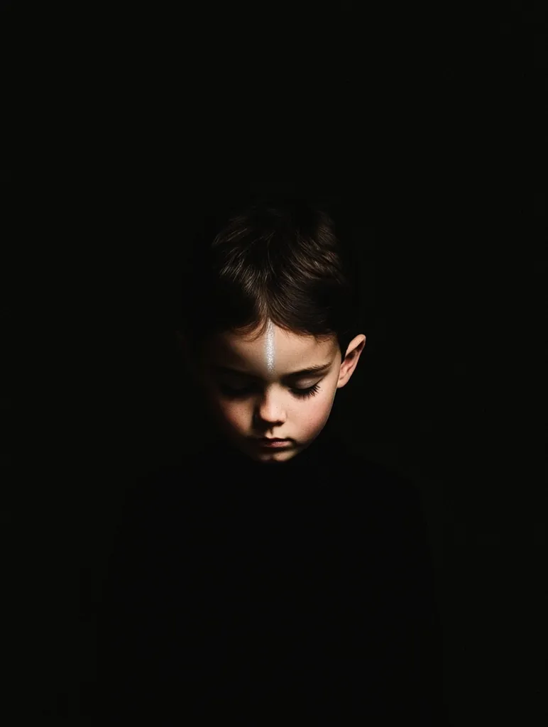 A young child with dark hair, wearing a dark turtleneck, is captured in a dramatically lit portrait.  The child's face is partially illuminated, showing a serious expression. A small, light-colored marking is visible on their forehead. The dark background emphasizes the child's features and creates a mood of introspection.