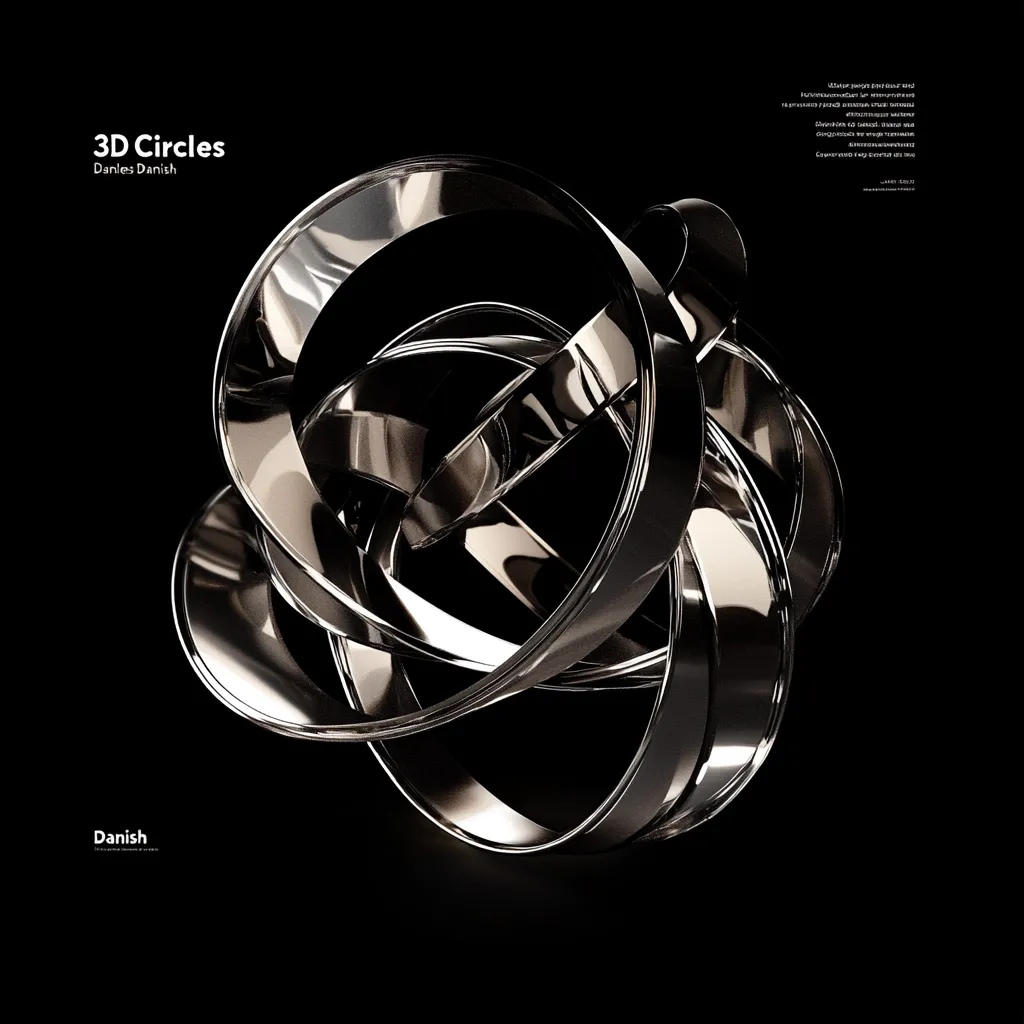 A dark, abstract image showcases a three-dimensional sculpture composed of intertwined metallic rings.  The polished, chrome-like surface reflects light, creating a sense of depth and complexity. The rings are intricately woven together, forming a visually captivating knot-like structure against a black background. The title "3D Circles Danles Danish" is subtly placed, emphasizing the design's modern and minimalist aesthetic.