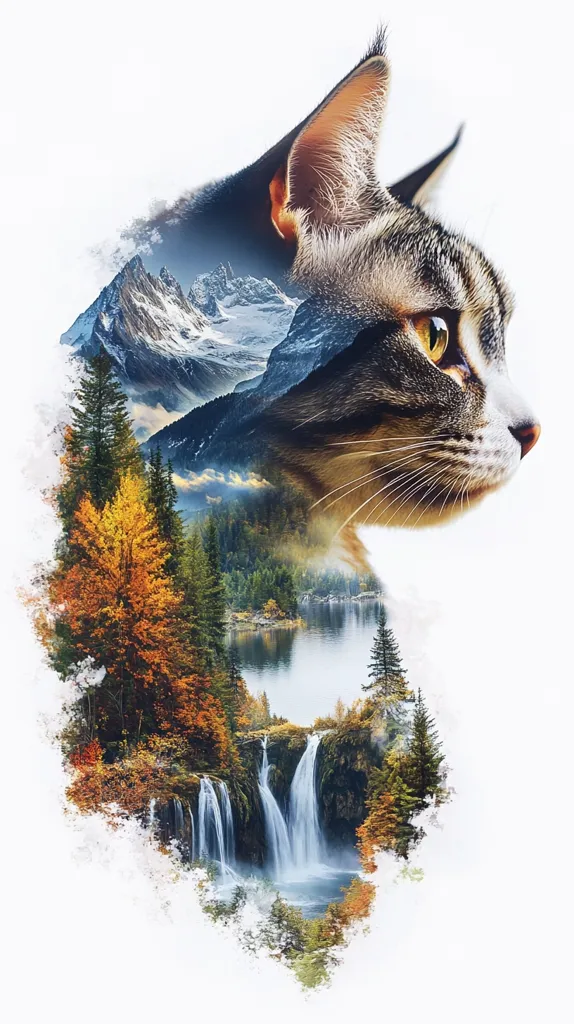 A captivating double exposure image features a tabby cat's profile seamlessly blended with a breathtaking landscape.  Majestic snow-capped mountains rise in the background, overlooking a serene lake and cascading waterfalls.  Autumnal hues paint the foreground forest, creating a harmonious blend of wildlife and nature's beauty. The artistic fusion evokes a sense of tranquility and wonder.