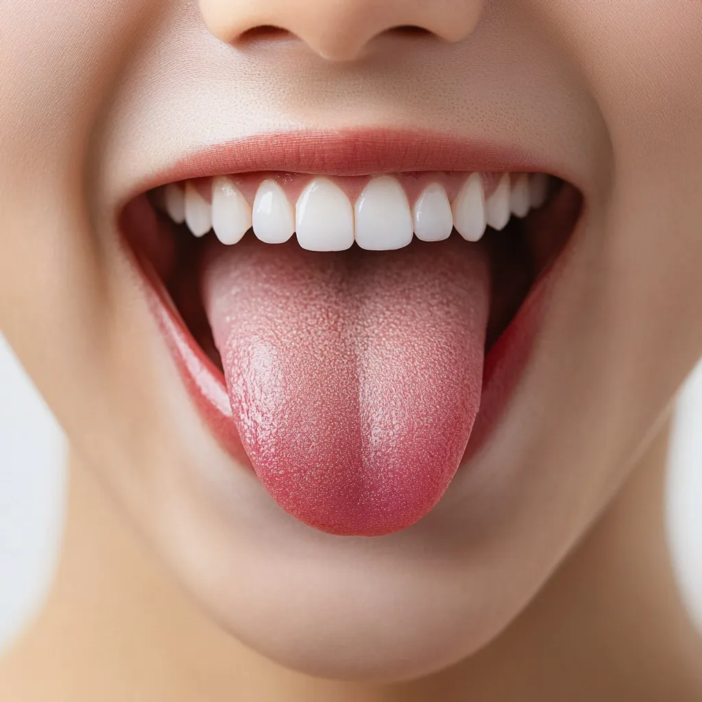 Close-up of a woman's mouth showcasing a healthy smile with bright white teeth and pink lips.  Her tongue is gently extended, revealing a smooth, pink surface. The image focuses on oral health and aesthetics.  The skin is smooth and the overall impression is one of cleanliness and well-being.