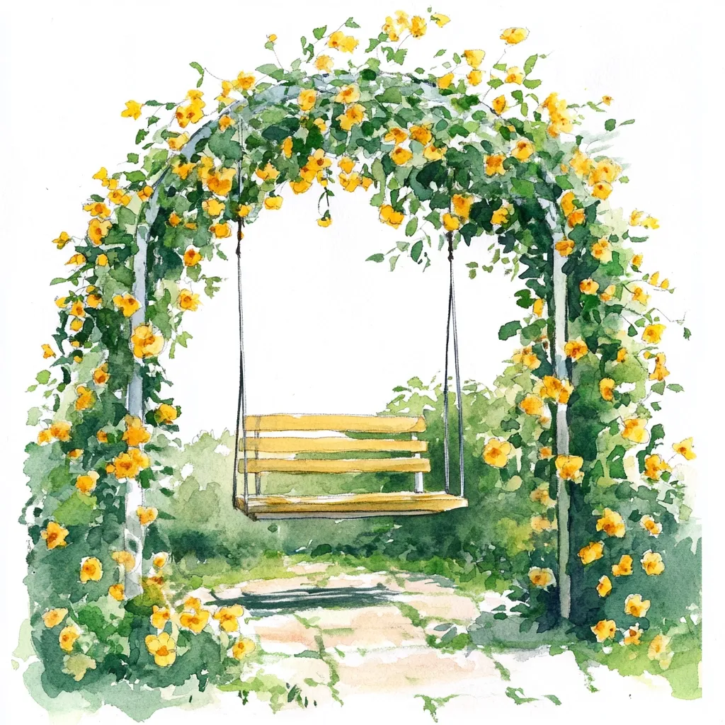 A watercolor painting depicts a tranquil garden scene.  A light-yellow wooden swing bench hangs beneath a charming metal archway completely covered in vibrant yellow flowers and lush green foliage.  The arch creates a picturesque frame for the swing, set on a light-brown stone path within a verdant garden.  The overall impression is one of peaceful serenity and idyllic beauty.