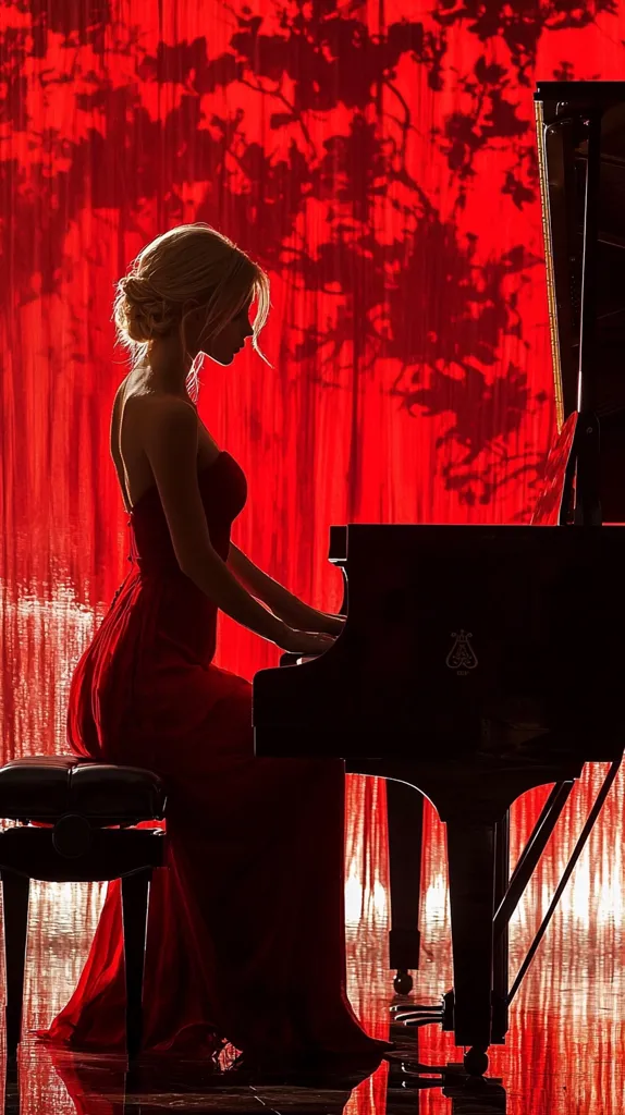 A woman in a flowing red gown sits at a grand piano, silhouetted against a vibrant red curtain adorned with dark, leafy shadows.  Her blonde hair is styled up, and she's poised at the keys, creating a dramatic and elegant scene. The red tones dominate the image, emphasizing the richness and intensity of the moment. The overall mood is one of captivating mystery and artistic grace.