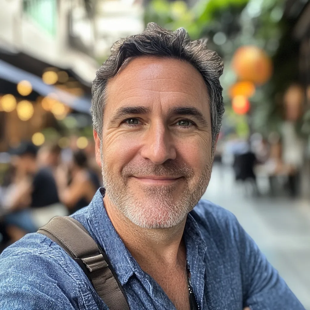 A middle-aged man with graying hair smiles warmly at the camera. He's wearing a denim button-down shirt and a brown crossbody bag.  The background is blurred, suggesting an outdoor setting, possibly a city street with cafes and greenery visible.  His expression is friendly and approachable.