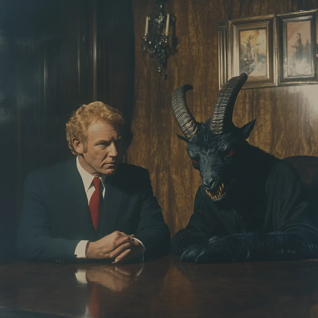 A man in a dark suit and red tie sits across a dark wooden table from a figure in a dark robe and a goat mask with horns. The scene is dimly lit, creating a mysterious and somewhat sinister atmosphere.  The man appears serious and contemplative, while the goat-masked figure remains impassive. The background features dark wood paneling and antique-style framed pictures.