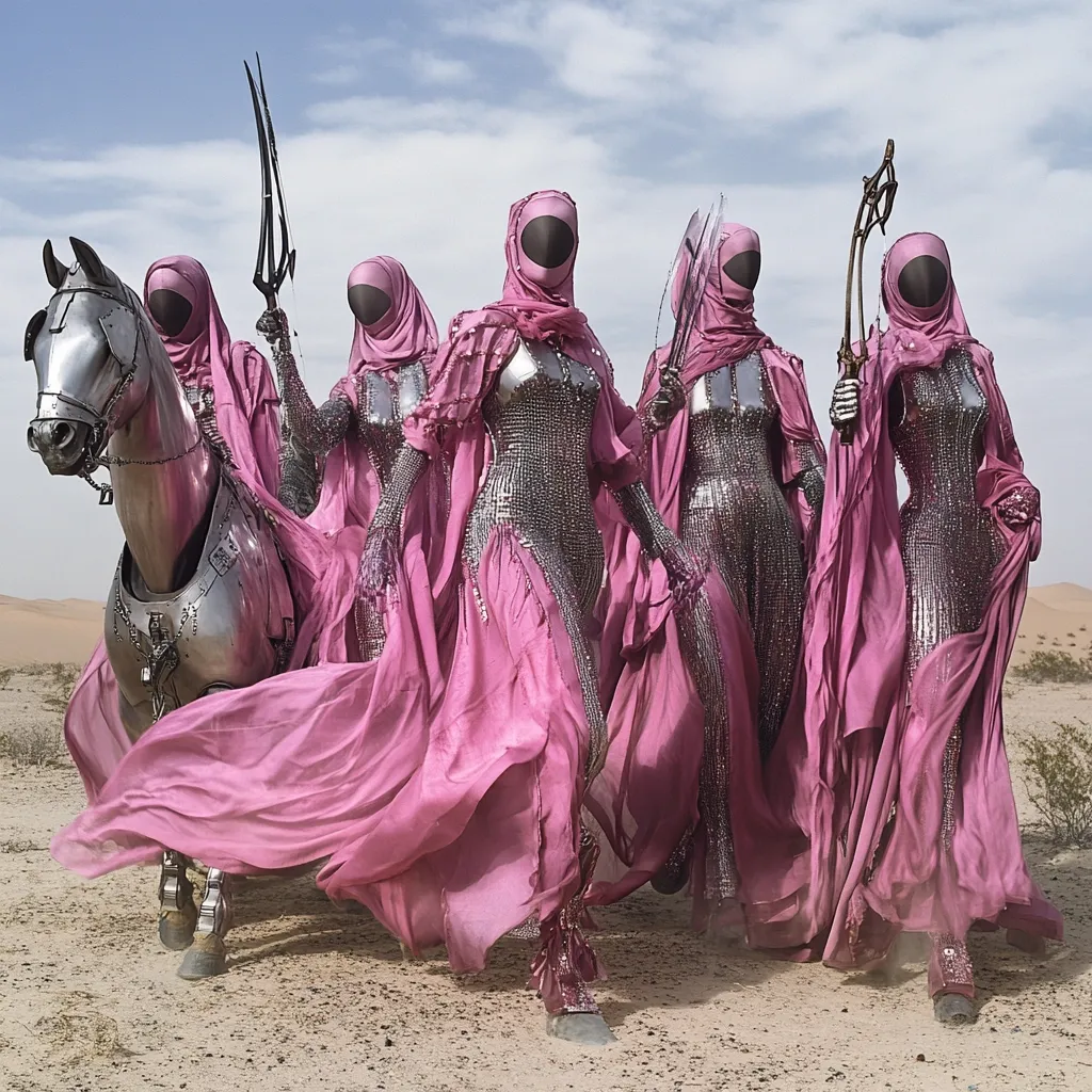 Five figures in shimmering silver chainmail suits and flowing pink robes traverse a desert landscape.  Each wears a hooded mask obscuring their faces.  One figure rides a metallic steed, also armored.  They carry ceremonial spears and other ornate weaponry. The scene evokes a futuristic, regal, and slightly ominous atmosphere.