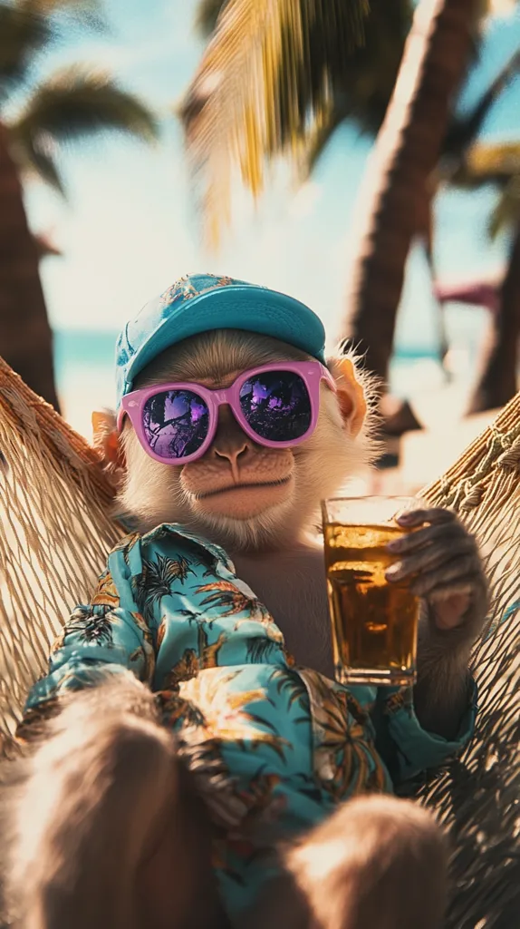 A monkey, dressed in a teal Hawaiian shirt, a turquoise baseball cap, and purple sunglasses, relaxes in a hammock on a tropical beach.  It casually holds a glass of amber liquid, enjoying the sunny paradise. The background features blurry palm trees and a hint of ocean.  The scene is playful and evocative of a carefree vacation.