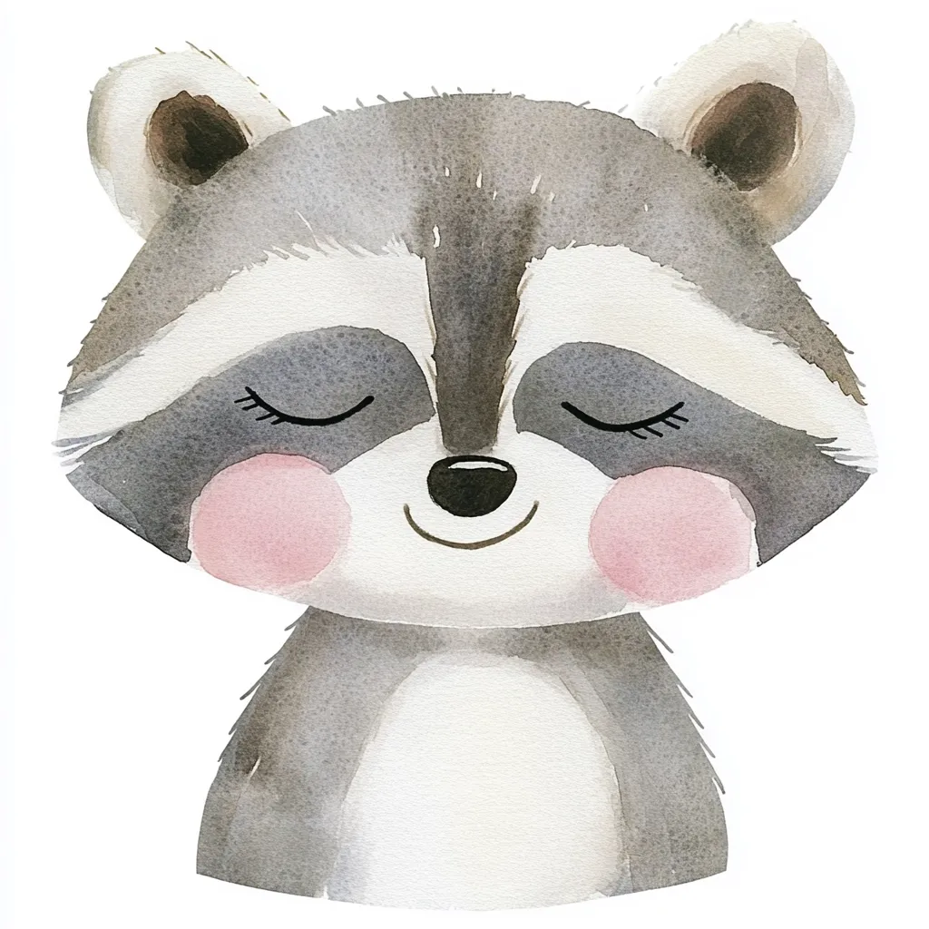 A charming watercolor painting depicts a baby raccoon with its eyes closed.  The raccoon's fur is rendered in soft grays, with delicate pink blush on its cheeks.  Its expression is peaceful and serene, conveying a sense of calm and gentleness. The style is cute and appealing, suitable for children's illustrations or decorative prints.
