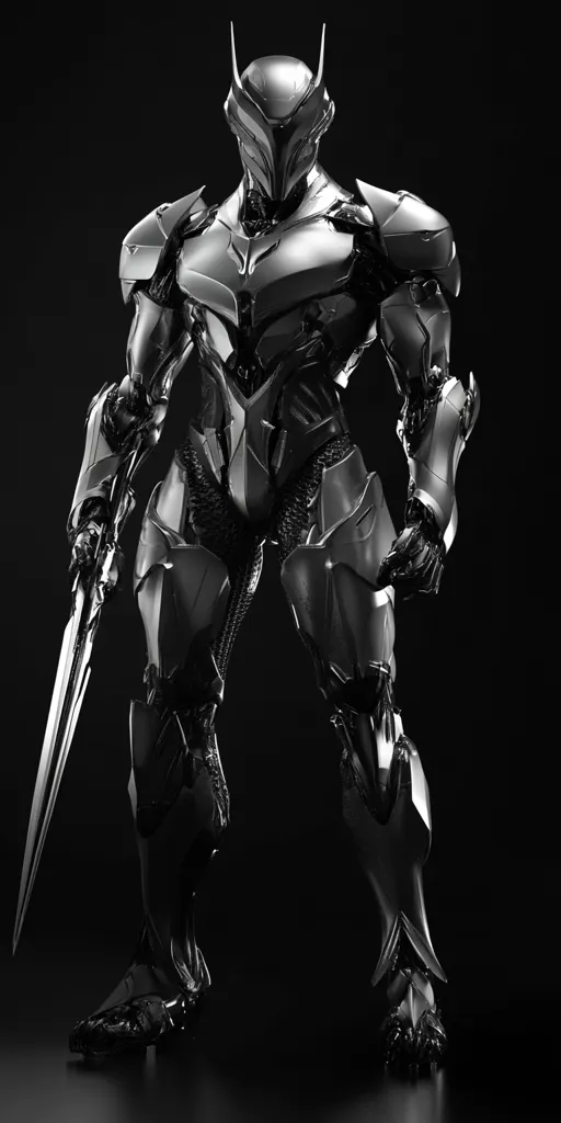 A sleek, chrome-like robot stands against a black backdrop.  The robot's design is intricate, featuring sharp angles and segmented armor.  It holds a long, slender sword. The figure is powerfully built, suggesting strength and agility.  The lighting enhances the metallic sheen and the robot's imposing stance.