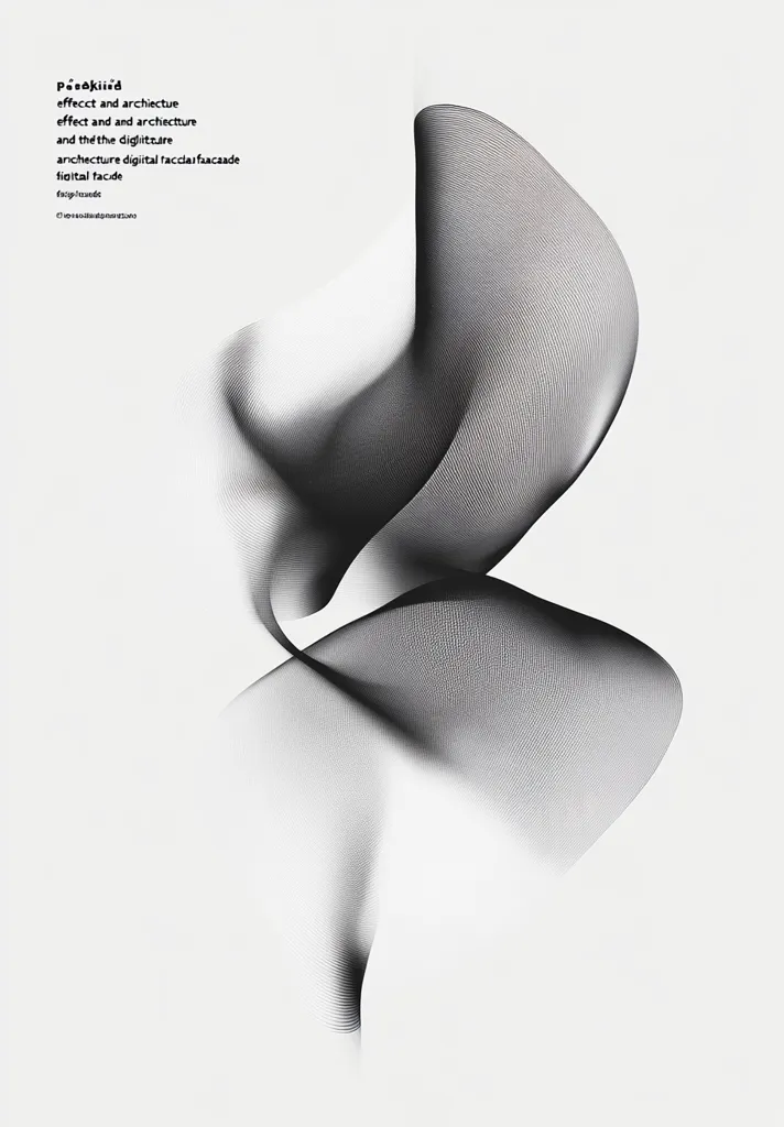 A grayscale abstract artwork features a flowing, organic form reminiscent of fabric or smoke.  The design is rendered in fine lines, creating a sense of depth and movement.  The title "Pääokiüd" and text relating to "effect," "architecture," and "digital facade" are visible at the top, suggesting a conceptual link between form and architectural design. The image is minimalist and elegant.