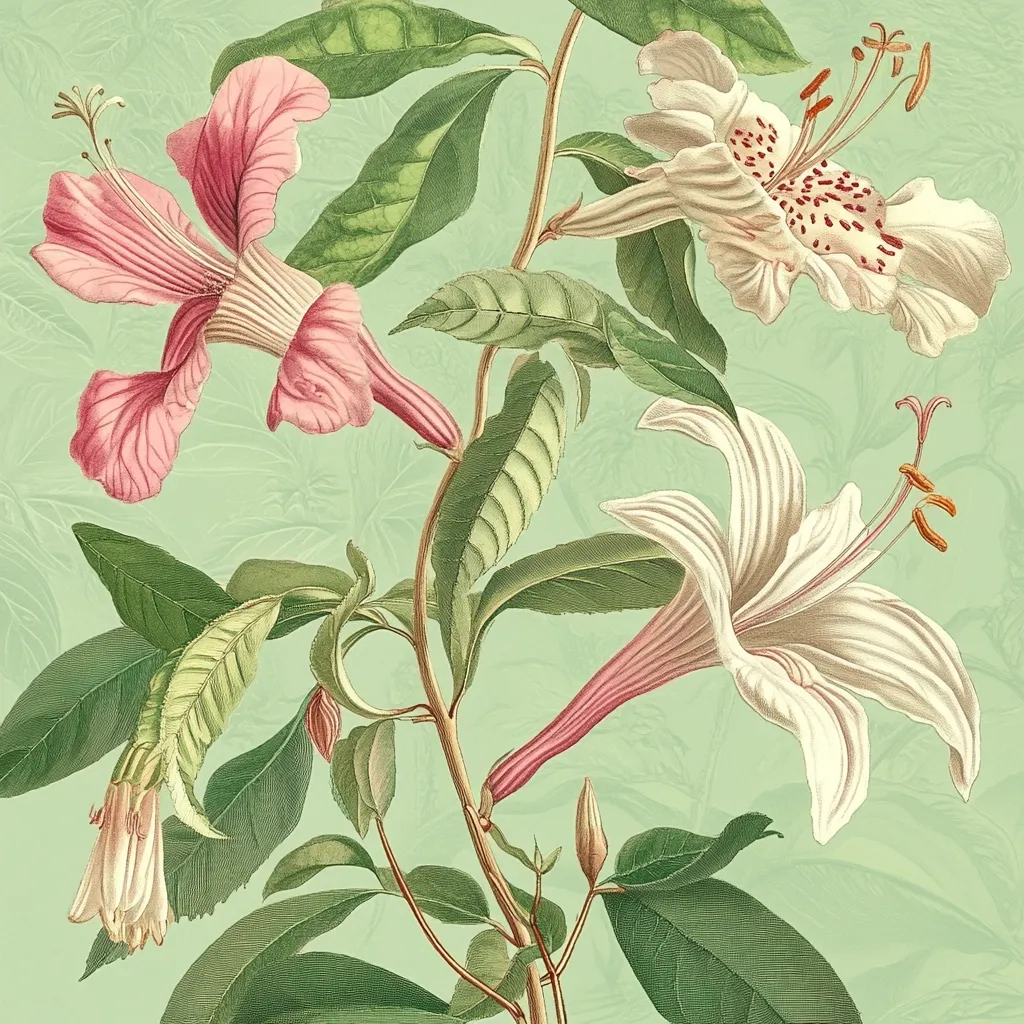 A botanical illustration showcases a flowering branch against a pale green backdrop.  Delicate pink and creamy white blossoms, with intricate details in their petals and stamens, are depicted with lush green foliage.  The style is reminiscent of vintage botanical prints, emphasizing the flowers' textures and forms. The composition is vertically oriented, highlighting the elegant curve of the branch.
