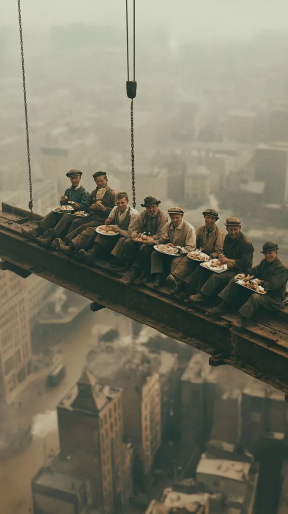 A captivating vintage photograph depicts eleven construction workers perched on a high-altitude steel beam, enjoying a midday meal high above a sprawling city.  The men, wearing period clothing and hats, share plates of food while overlooking a hazy cityscape. The scene evokes a sense of camaraderie and the breathtaking scale of their workplace.  The image is a testament to the strength and resilience of workers in a bygone era.