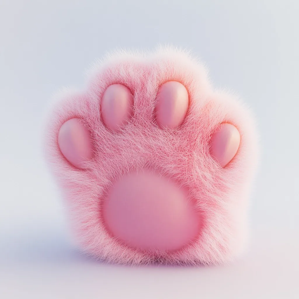 A close-up shot reveals a fluffy, pink cat paw.  The image is stylized, with a soft, pastel color palette.  The paw is rendered with detail, showcasing the individual toes and the soft fur. The overall impression is one of cuteness and softness. The background is a simple, light purple, keeping the focus entirely on the paw.
