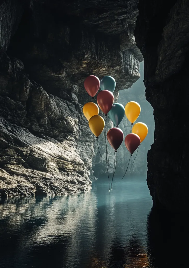 A cluster of colorful balloons, in shades of red, yellow, and teal, floats within a dark, cavernous space. The balloons descend towards a still, dark-blue body of water nestled within the rocky chasm.  The scene is moody and mysterious, with the balloons offering a stark contrast to the somber cave environment. The lighting emphasizes the depth and texture of the rock formations.
