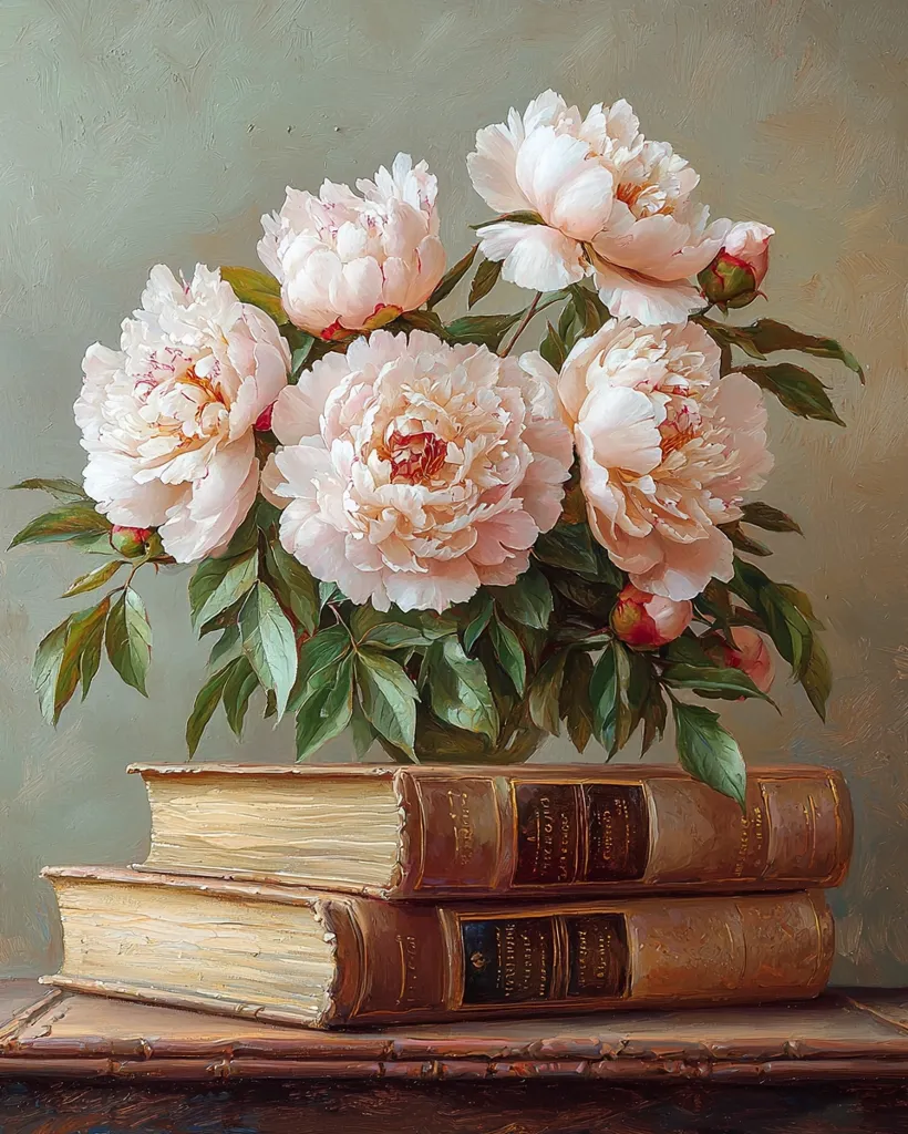 A still life painting depicts a lush bouquet of pale pink peonies in a glass vase.  The vase sits atop two antique, leather-bound books resting on a dark wooden surface. The peonies are meticulously detailed, showcasing their delicate petals and vibrant green foliage against a muted green background. The overall style evokes a sense of classic elegance and tranquility.