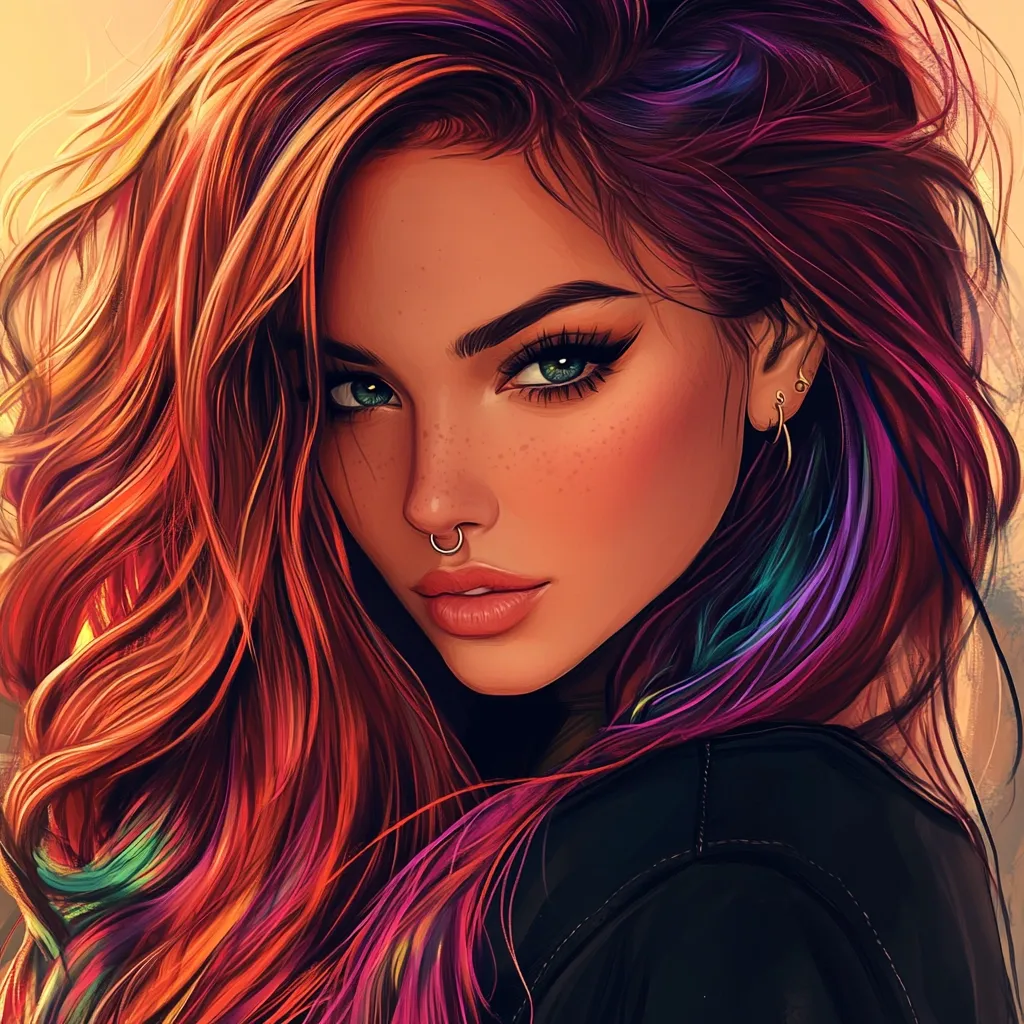 A digital painting of a young woman with long, wavy hair.  Her hair is predominantly reddish-orange, with streaks of vibrant pink, purple, and teal woven throughout. She has green eyes, freckles, and a septum piercing.  She's wearing a dark jacket, and her expression is confident and alluring.  The style is realistic, yet stylized, with a focus on vibrant colors and smooth shading.