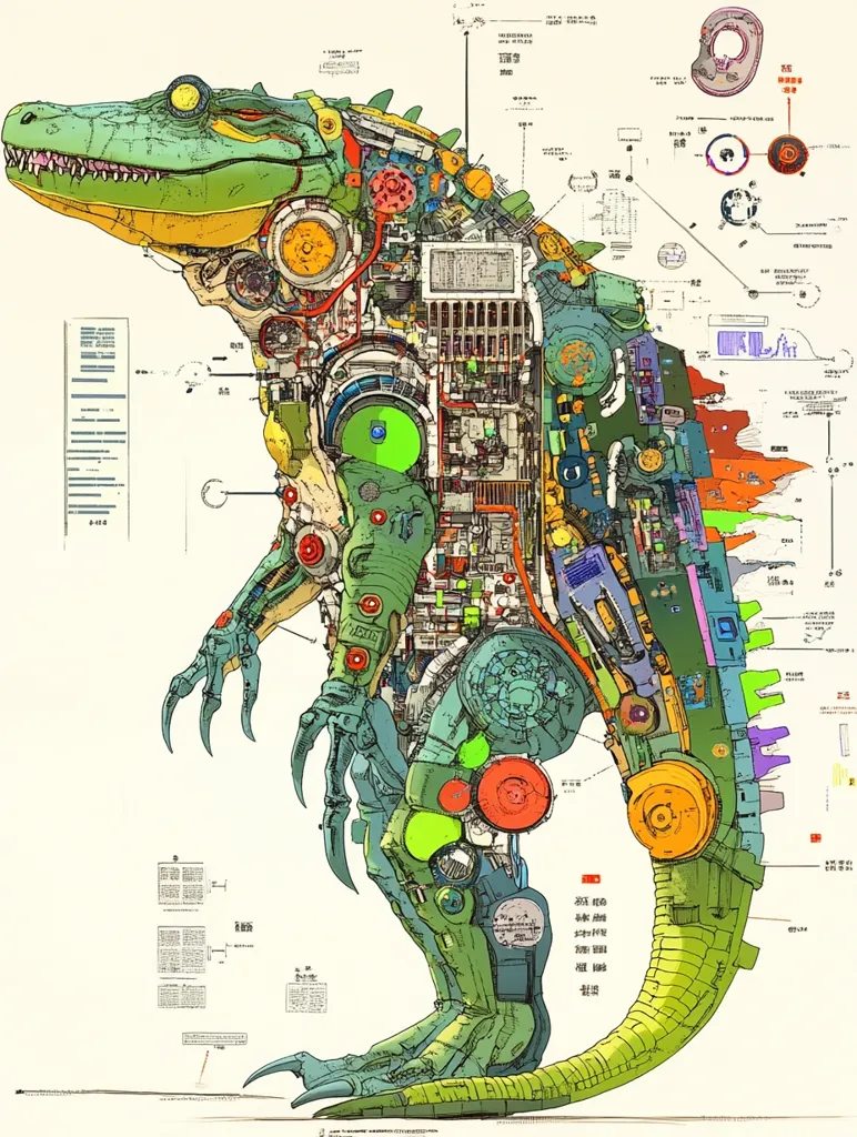 A detailed illustration showcases a mechanical dinosaur, its body intricately dissected to reveal a complex network of gears, pipes, and internal mechanisms.  The creature, resembling a crocodile or alligator, is rendered in vibrant greens, oranges, and blues, with accompanying technical diagrams and annotations, suggesting a blueprint or schematic. The style is reminiscent of steampunk or biomechanical art.